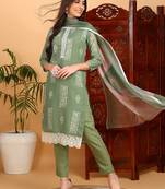 green color printed silk blend styles kurta trouser with dupatta