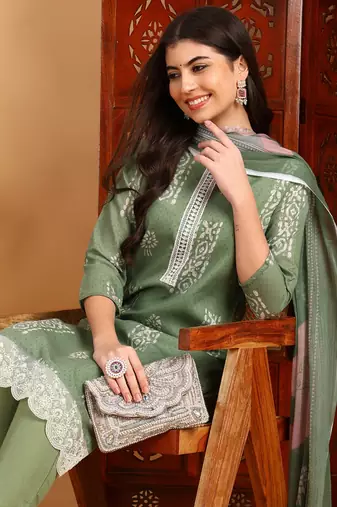 green color printed silk blend styles kurta trouser with dupatta