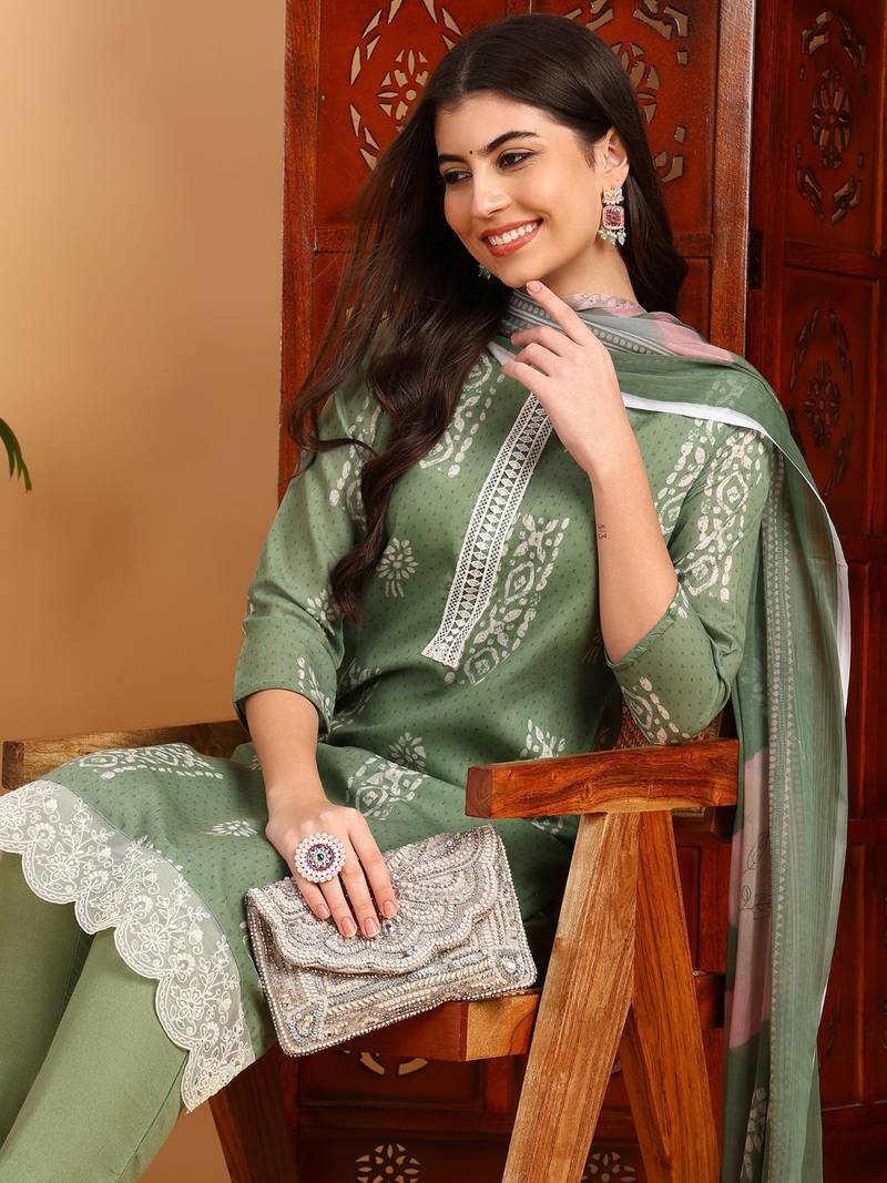 green color printed silk blend styles kurta trouser with dupatta