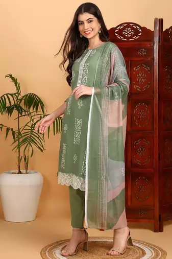 green color printed silk blend styles kurta trouser with dupatta