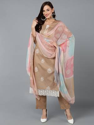 beige color printed silk blend styles kurta trouser with dupatta 1