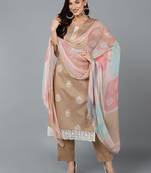 beige color printed silk blend styles kurta trouser with dupatta