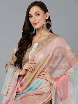 beige color printed silk blend styles kurta trouser with dupatta 2