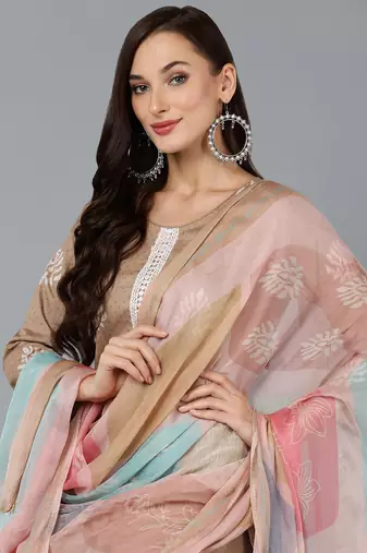 beige color printed silk blend styles kurta trouser with dupatta