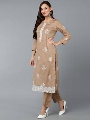 beige color printed silk blend styles kurta trouser with dupatta 3