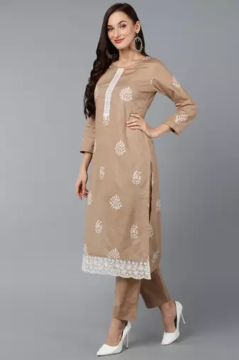 beige color printed silk blend styles kurta trouser with dupatta