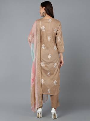 beige color printed silk blend styles kurta trouser with dupatta 4