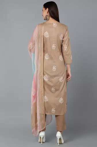 beige color printed silk blend styles kurta trouser with dupatta