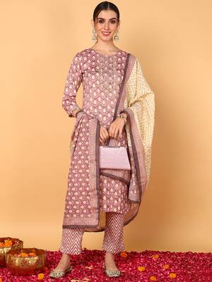 mauve color printed silk blend styles kurta trouser with dupatta 1