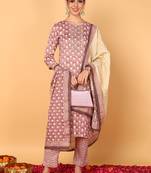 mauve color printed silk blend styles kurta trouser with dupatta
