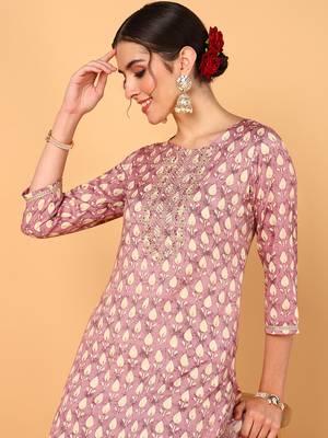 mauve color printed silk blend styles kurta trouser with dupatta 2