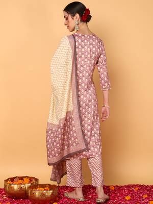 mauve color printed silk blend styles kurta trouser with dupatta 3