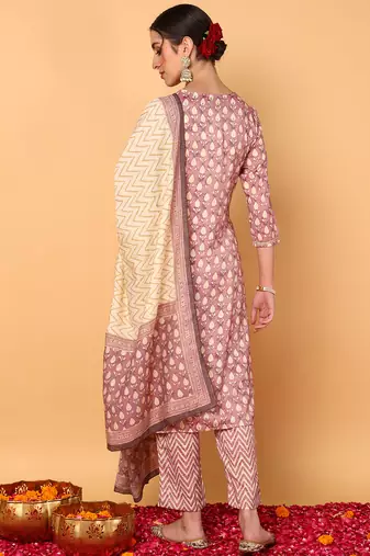 mauve color printed silk blend styles kurta trouser with dupatta