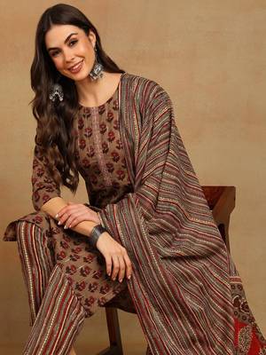 brown color printed pure cotton styles kurta trouser with dupatta 1