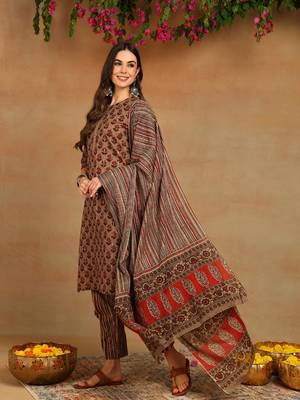 brown color printed pure cotton styles kurta trouser with dupatta 2