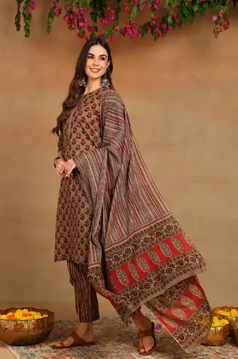 brown color printed pure cotton styles kurta trouser with dupatta