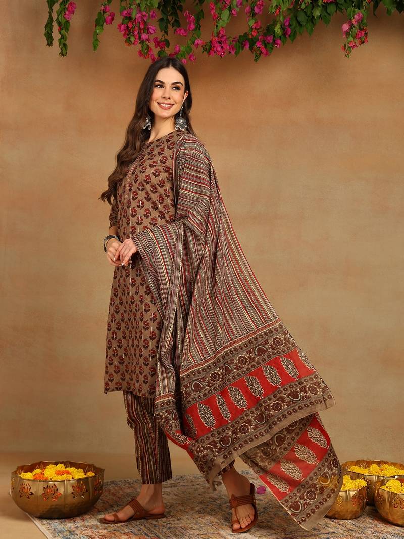 brown color printed pure cotton styles kurta trouser with dupatta