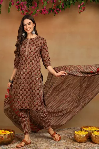 brown color printed pure cotton styles kurta trouser with dupatta