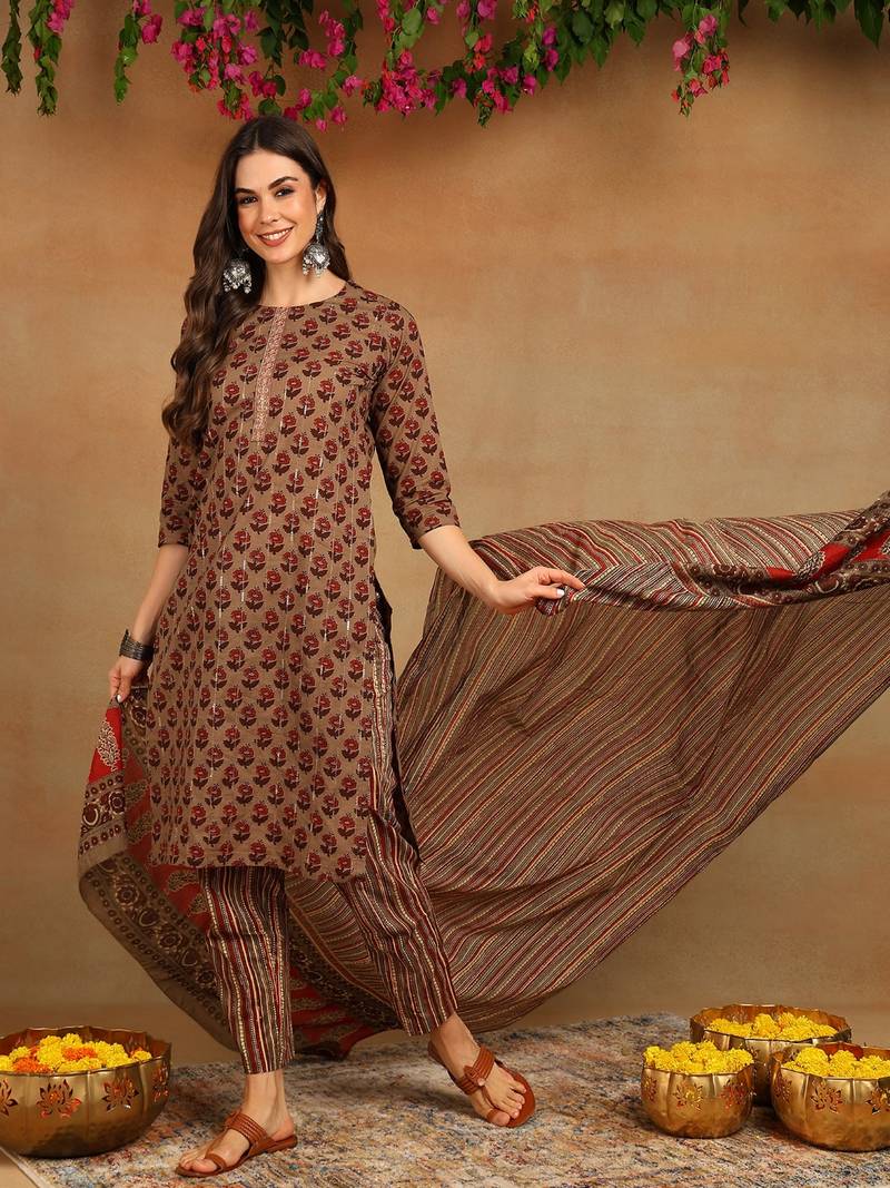 brown color printed pure cotton styles kurta trouser with dupatta