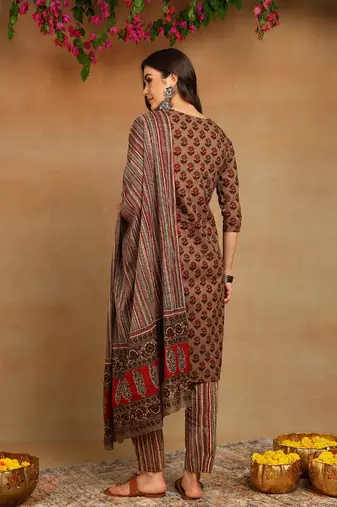 brown color printed pure cotton styles kurta trouser with dupatta