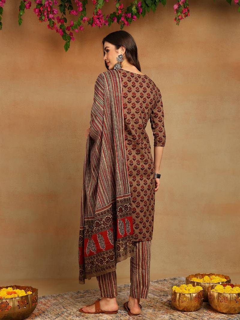 brown color printed pure cotton styles kurta trouser with dupatta