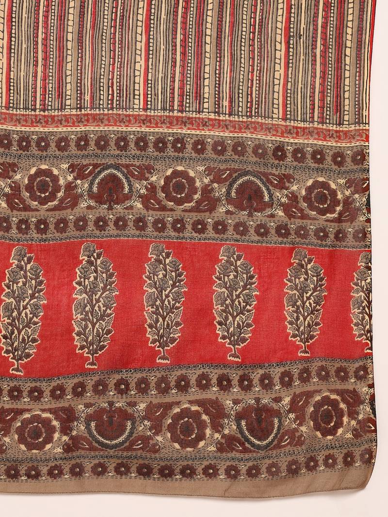 brown color printed pure cotton styles kurta trouser with dupatta