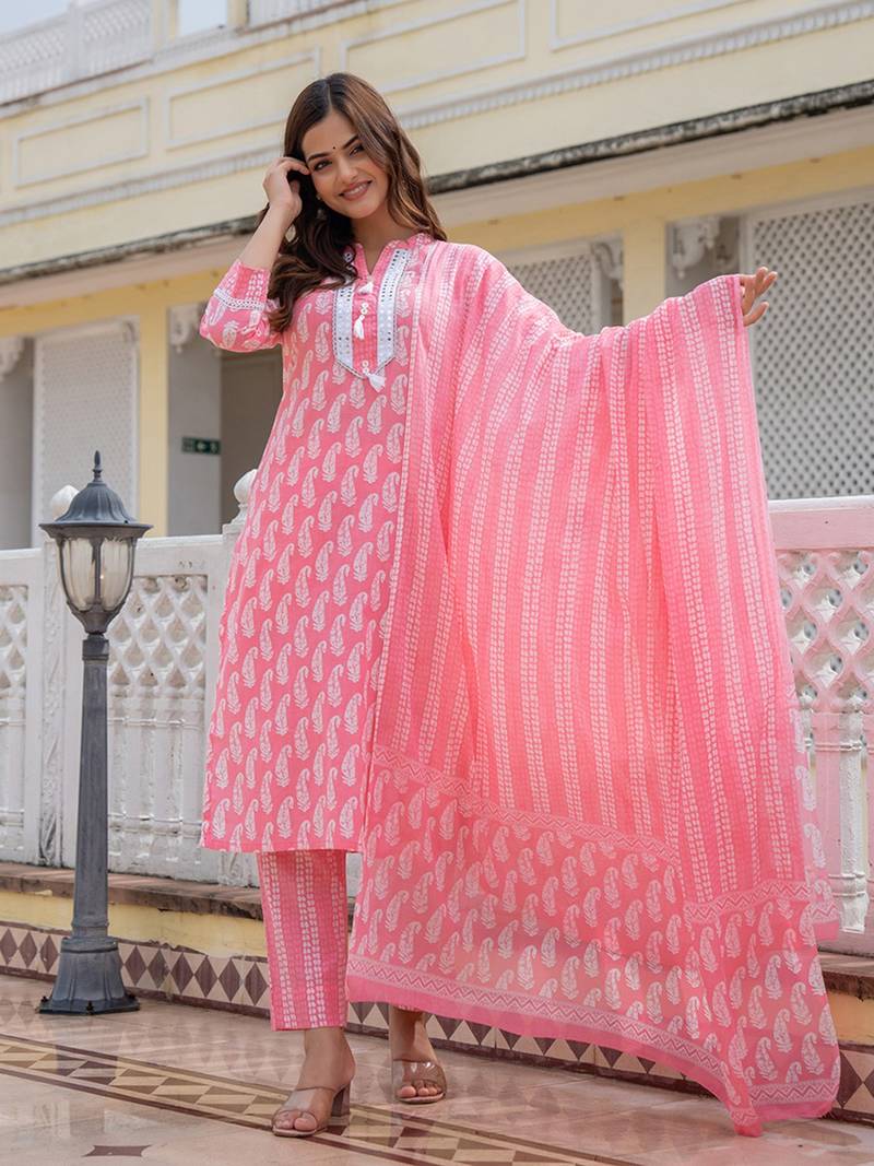 pink color yoke design pure cotton styles kurta trouser with dupatta