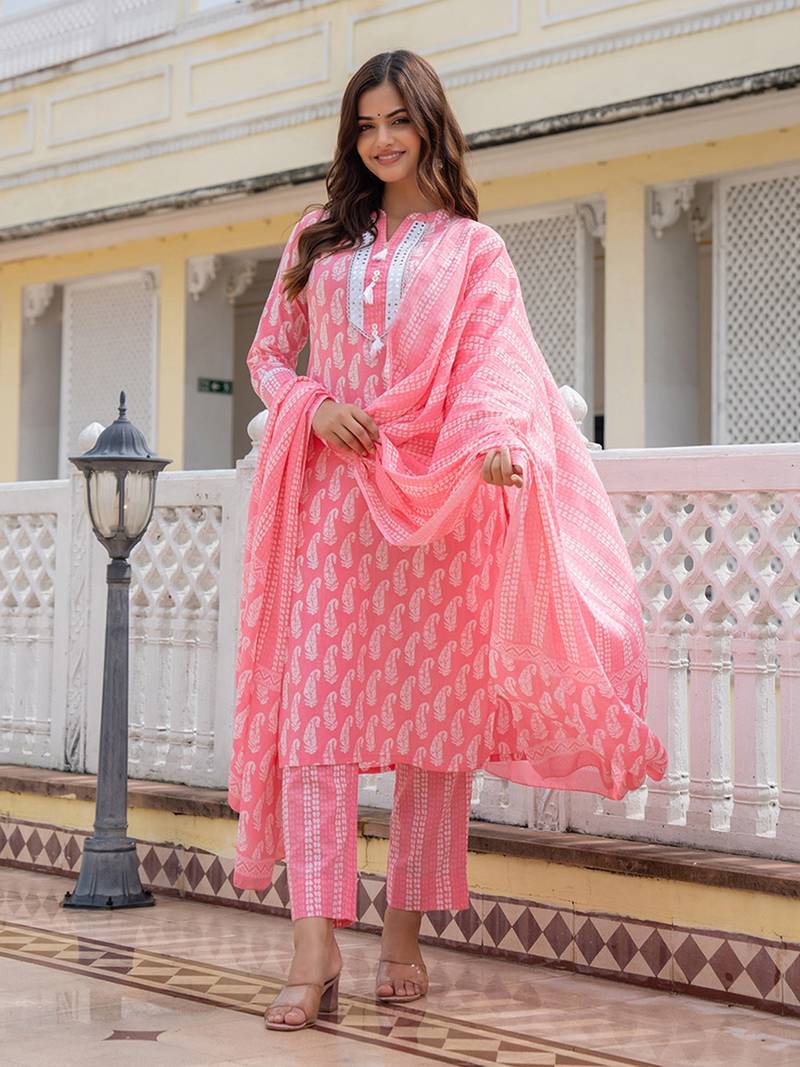 pink color yoke design pure cotton styles kurta trouser with dupatta