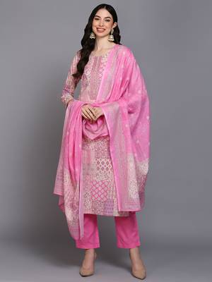 pink color printed pure cotton styles kurta trouser with dupatta 1