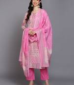 pink color printed pure cotton styles kurta trouser with dupatta