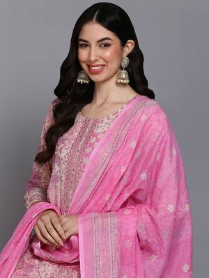 pink color printed pure cotton styles kurta trouser with dupatta 2