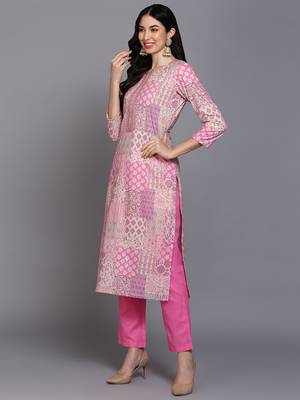 pink color printed pure cotton styles kurta trouser with dupatta 3