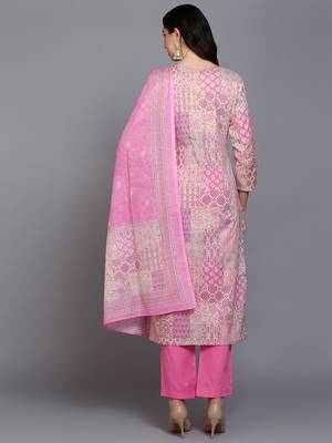 pink color printed pure cotton styles kurta trouser with dupatta 4