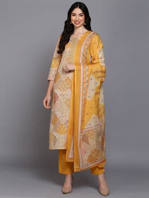 mustard color printed pure cotton styles kurta trouser with dupatta 1