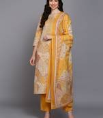 mustard color printed pure cotton styles kurta trouser with dupatta