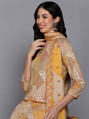 mustard color printed pure cotton styles kurta trouser with dupatta 2