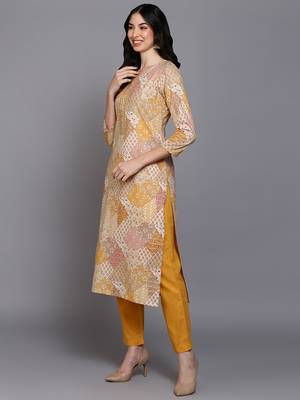 mustard color printed pure cotton styles kurta trouser with dupatta 3