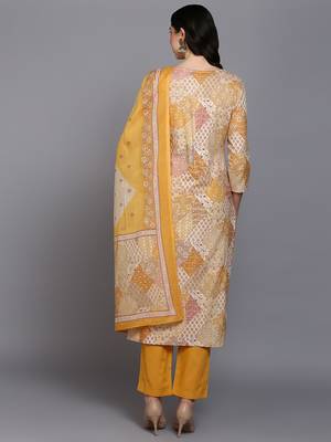 mustard color printed pure cotton styles kurta trouser with dupatta 4