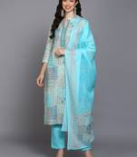 blue color printed pure cotton styles kurta trouser with dupatta