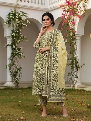 yellow color embroidered silk blend styles kurta trouser with dupatta 1