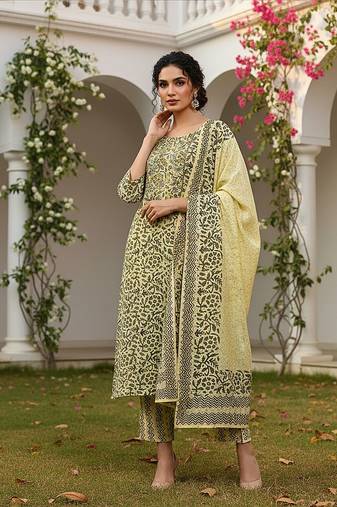 yellow color embroidered silk blend styles kurta trouser with dupatta