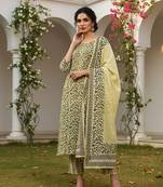 yellow color embroidered silk blend styles kurta trouser with dupatta