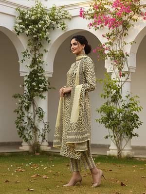yellow color embroidered silk blend styles kurta trouser with dupatta 3