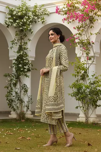 yellow color embroidered silk blend styles kurta trouser with dupatta