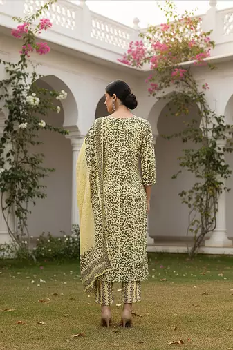 yellow color embroidered silk blend styles kurta trouser with dupatta