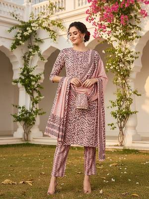 pink color printed silk blend styles kurta trouser with dupatta 1