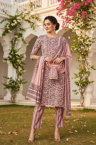 pink color printed silk blend styles kurta trouser with dupatta