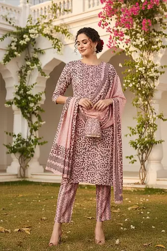 pink color printed silk blend styles kurta trouser with dupatta