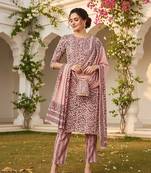 pink color printed silk blend styles kurta trouser with dupatta