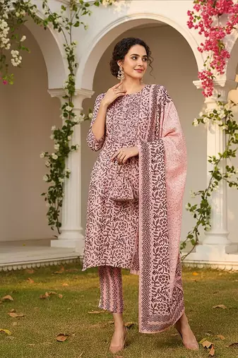 pink color printed silk blend styles kurta trouser with dupatta